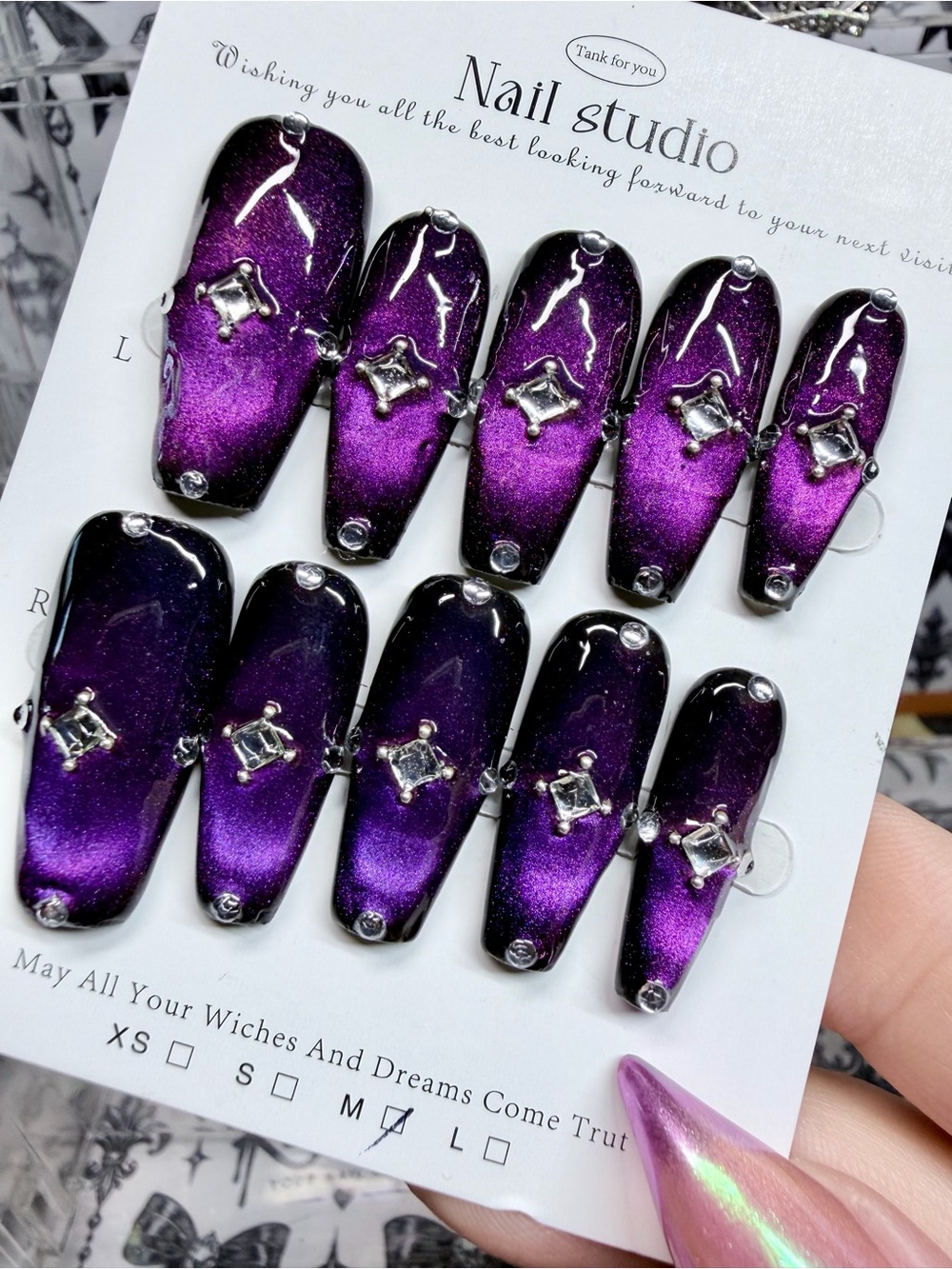 Press-On Nails Set — Purple Gem Accent